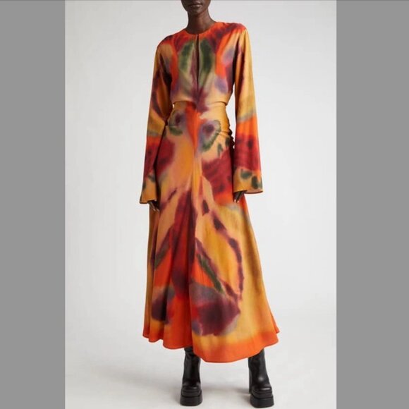 ALTUZARRA Nikouria Printed Crepe Midi Dress In Bright Coral Rorschach - Picture 1 of 10